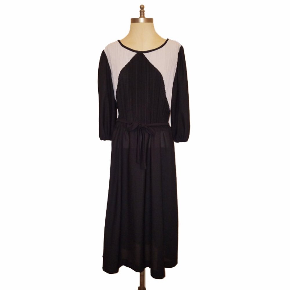 Vtg 70s Puff Sleeve Pleated Top Waist Tie Dress 16